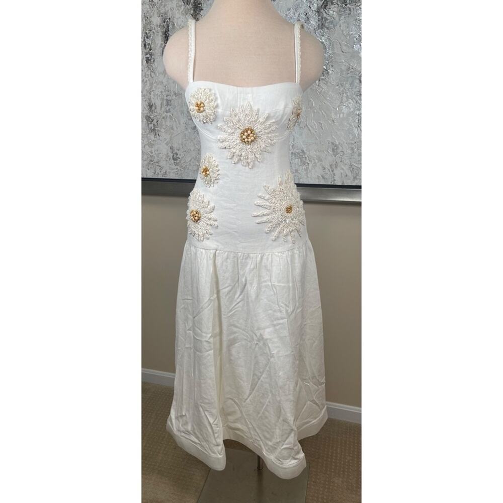 PATBO Tropic Linen Floral Beaded White Midi Dress Size 4 - Picture 3 of 8